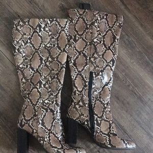 Snake skin leather knee high heel boots